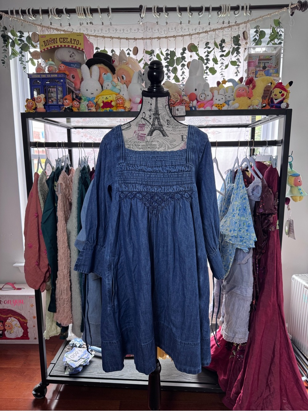 Free People Sonora Denim Smocked Square-Neck Mini Dress